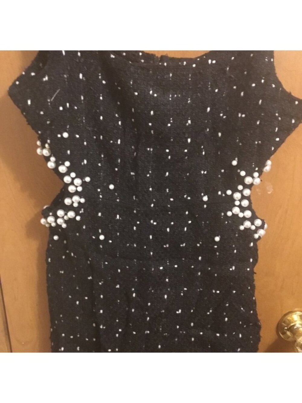 Black Texture Tweed Weave Cutout Mini Dress With Faux Pearls L - Picture 13 of 16